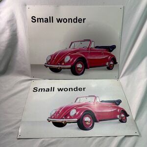 Vintage 1996 Volkswagen Beetle Small Wonder Tin Metal Sign Set of 2 Red VW Bug